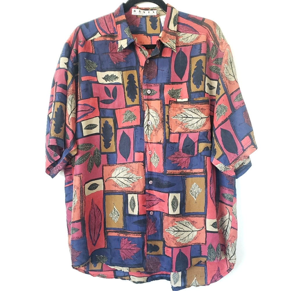 Vintage 100% silk leaf print shirt, size medium